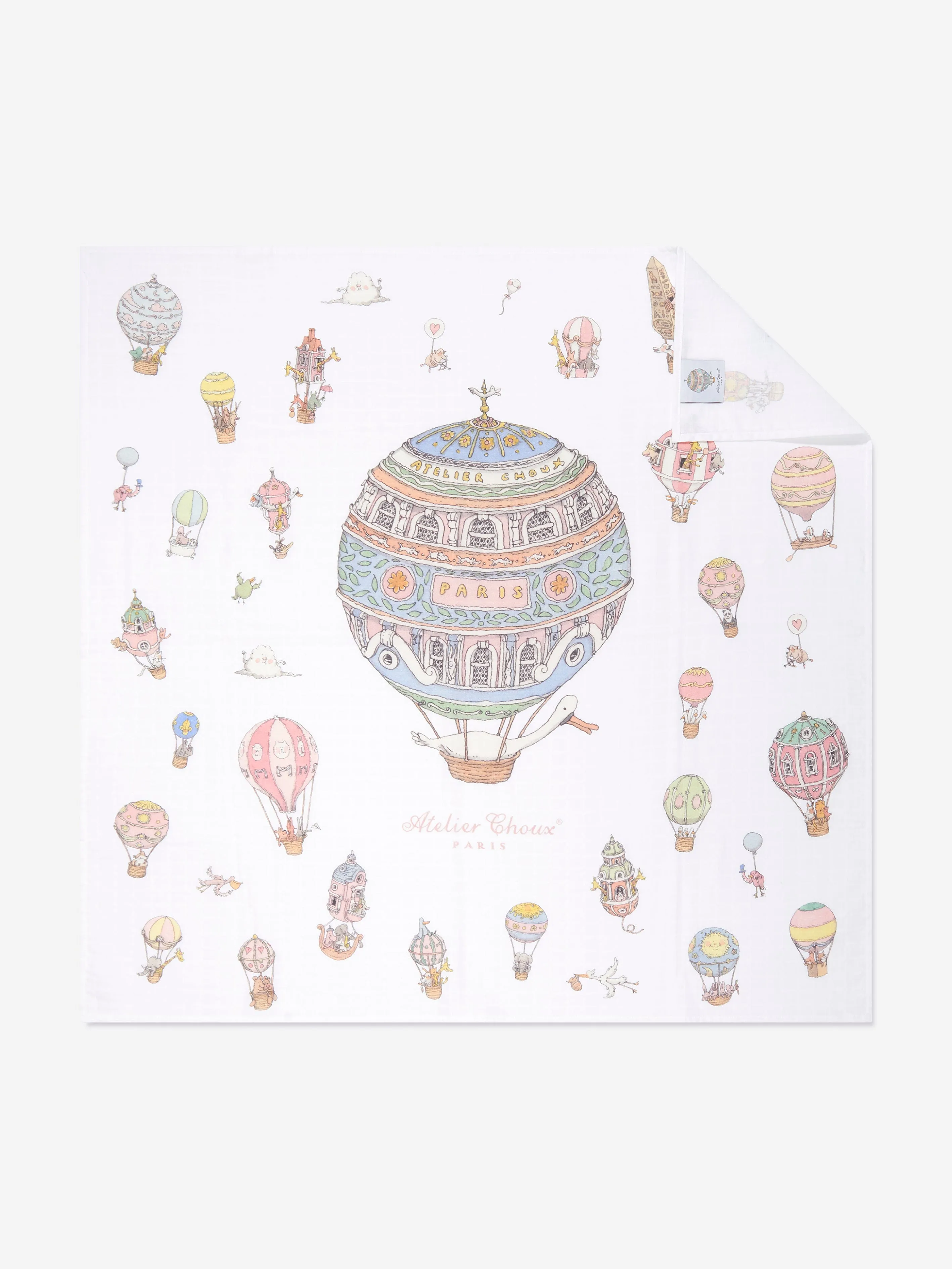 Atelier Choux Baby Hot Air Balloons Swaddle And Satin Bib Set in White