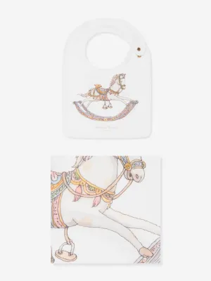 Atelier Choux Baby Rocking Horse Swaddle And Satin Bib Gift Set in White