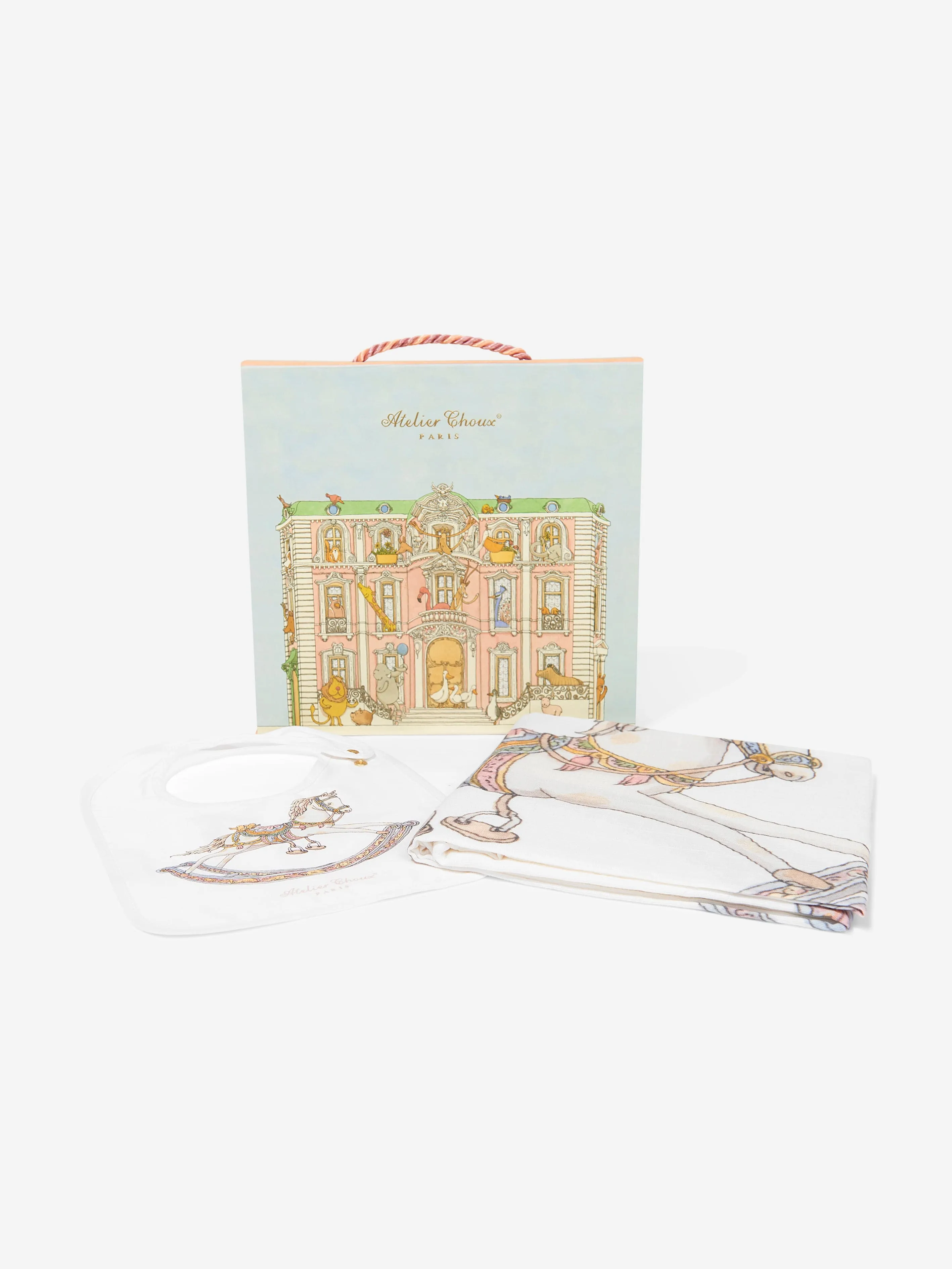 Atelier Choux Baby Rocking Horse Swaddle And Satin Bib Gift Set in White