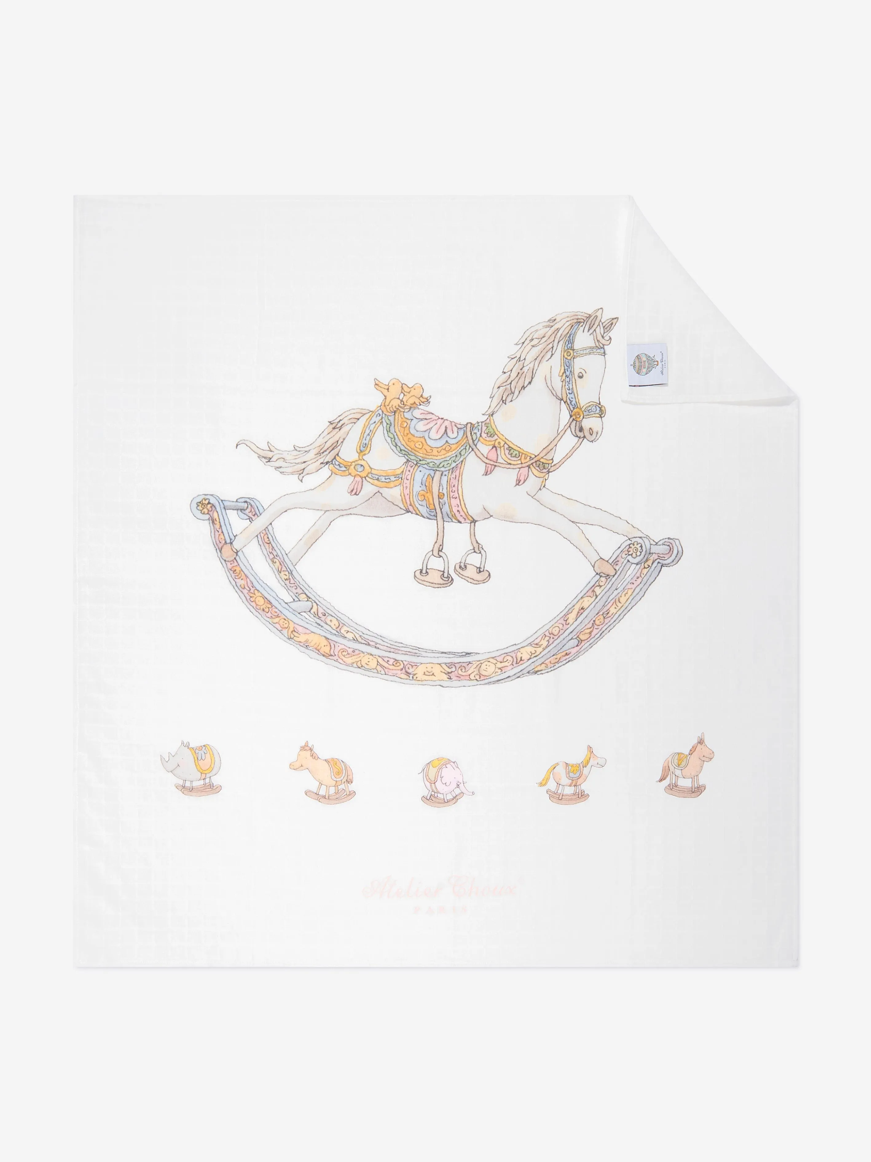 Atelier Choux Baby Rocking Horse Swaddle And Satin Bib Gift Set in White