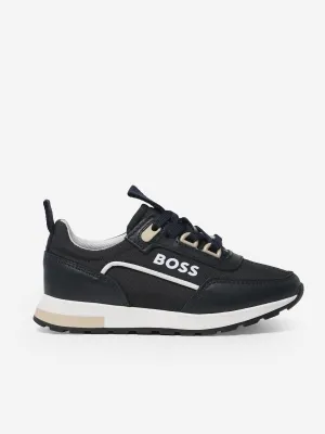 BOSS Boys Lace Up Logo Trainers in Navy
