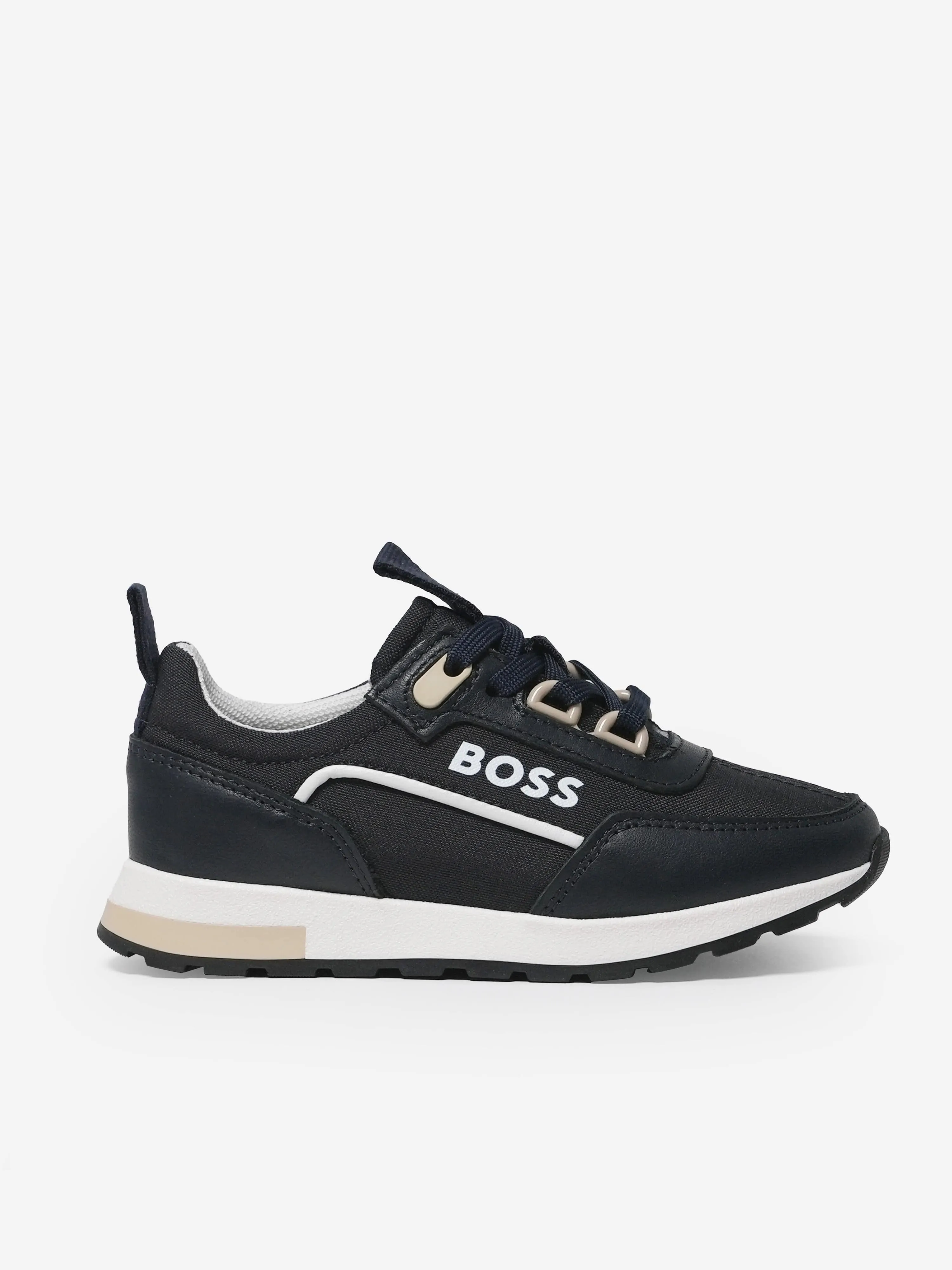 BOSS Boys Lace Up Logo Trainers in Navy