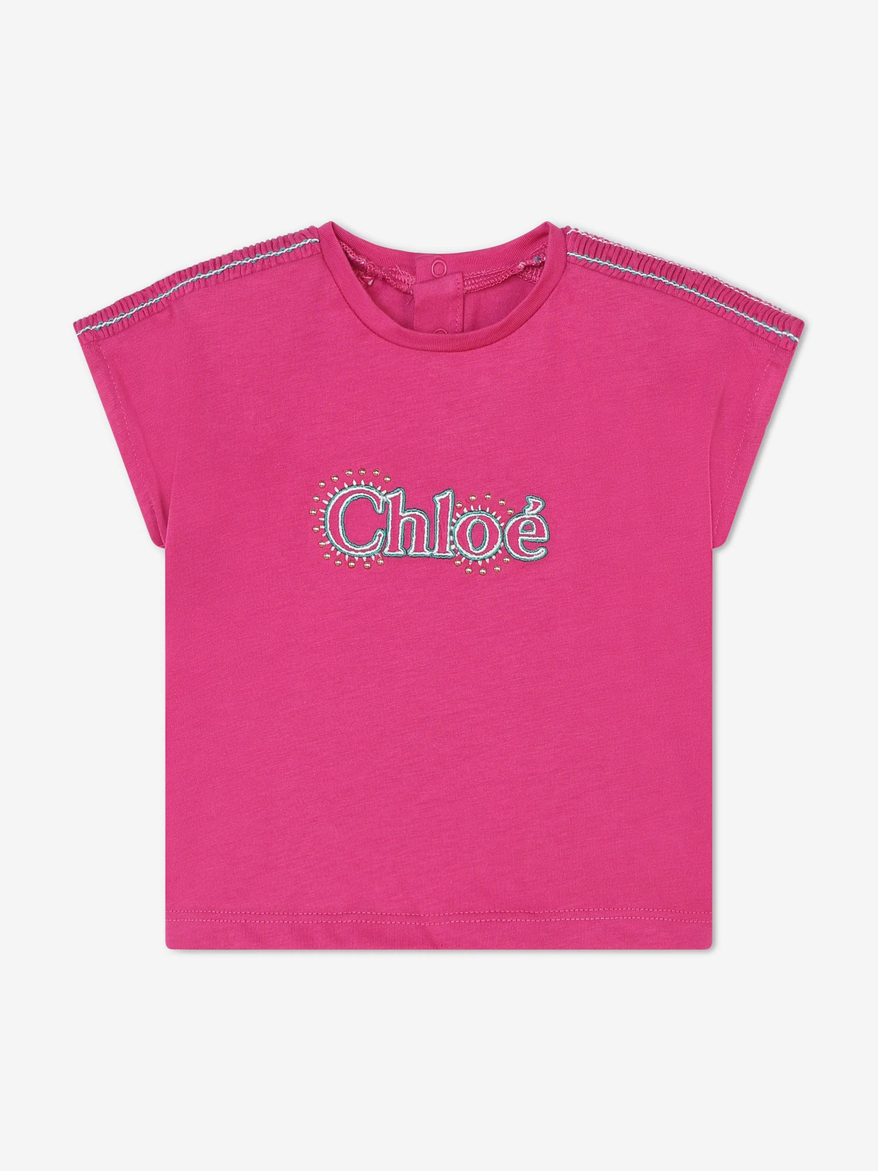 Chlo Baby Girls Embroidered Logo T-Shirt in Pink