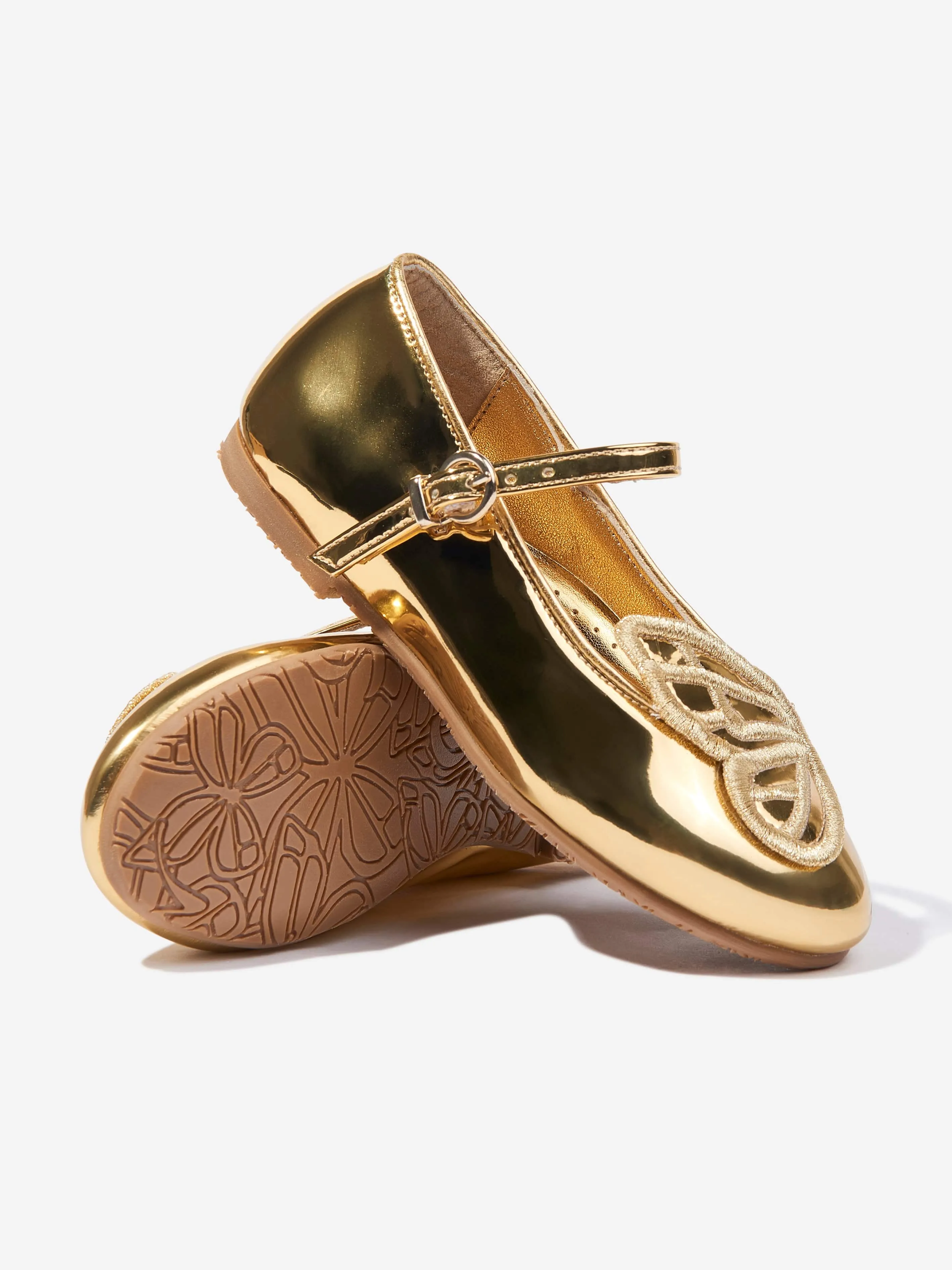 Girls Butterfly Embroidery Flat in Gold
