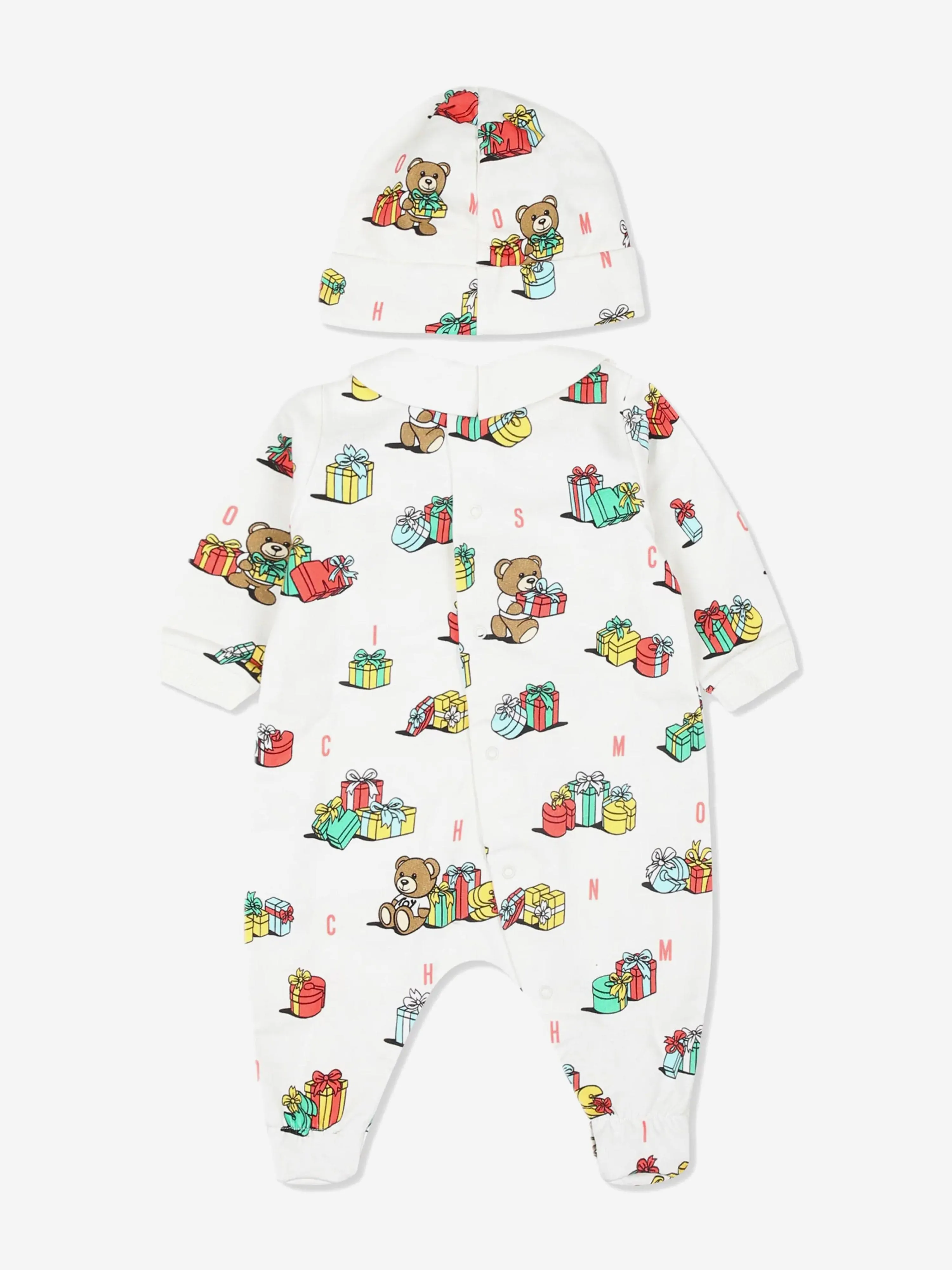 Moschino Baby Xmas Bear Babygrow and Hat Gift Set in Ivory