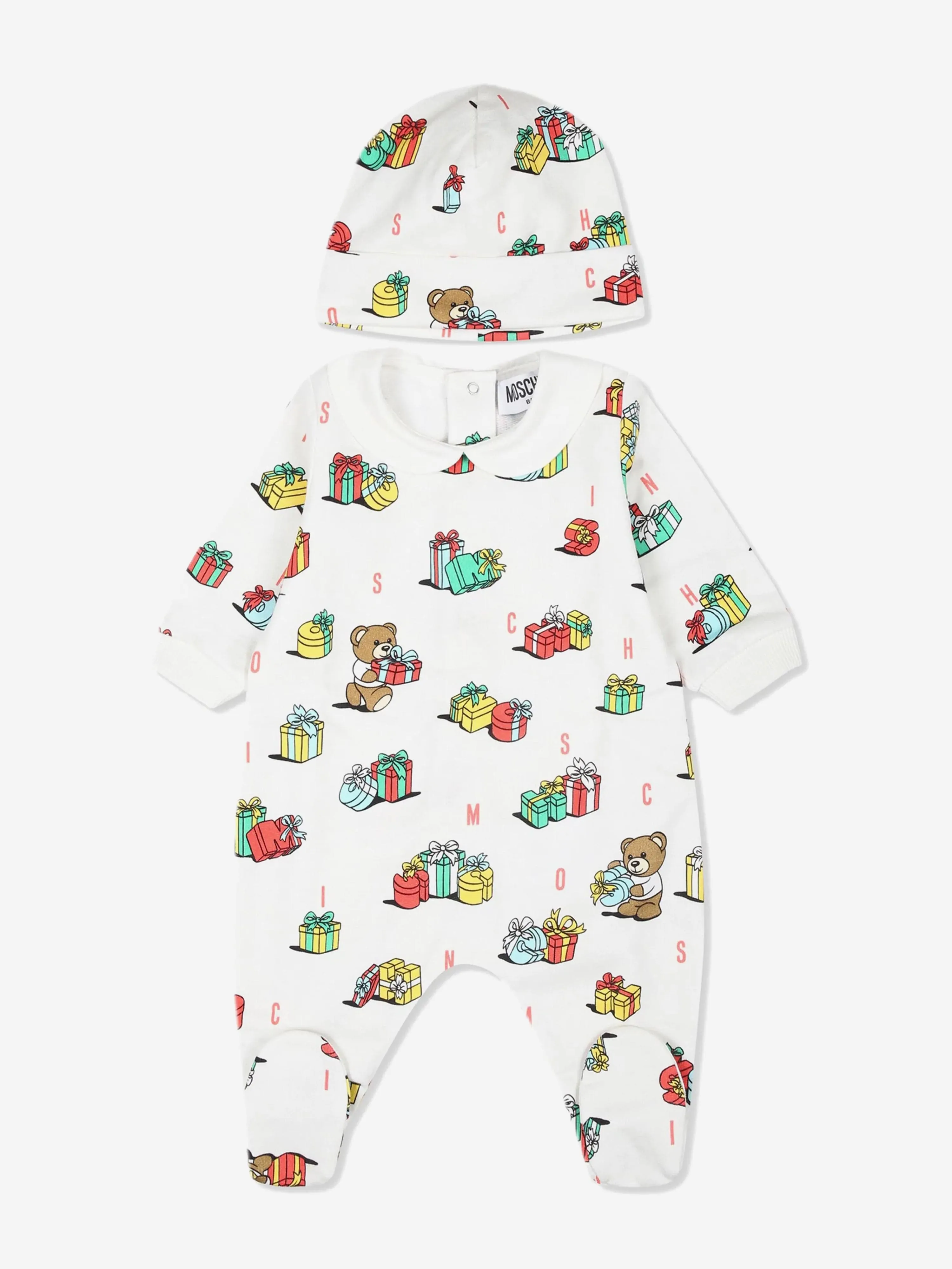 Moschino Baby Xmas Bear Babygrow and Hat Gift Set in Ivory