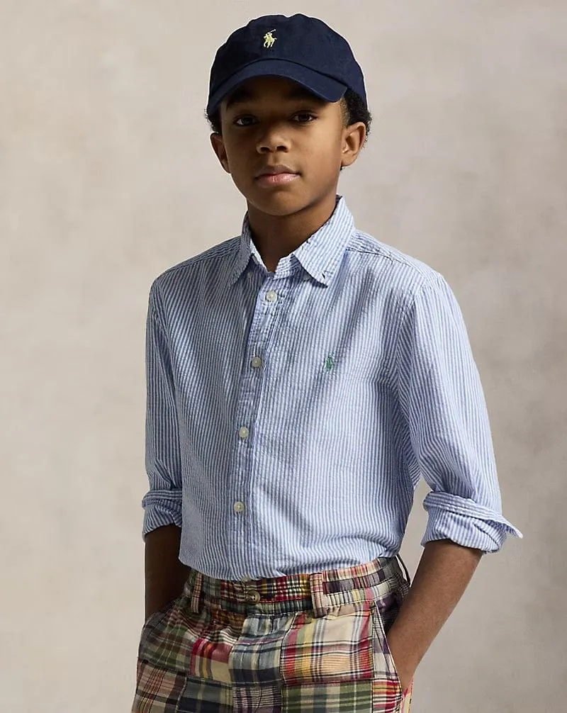 Ralph Lauren Boys Striped Logo Shirt in Blue