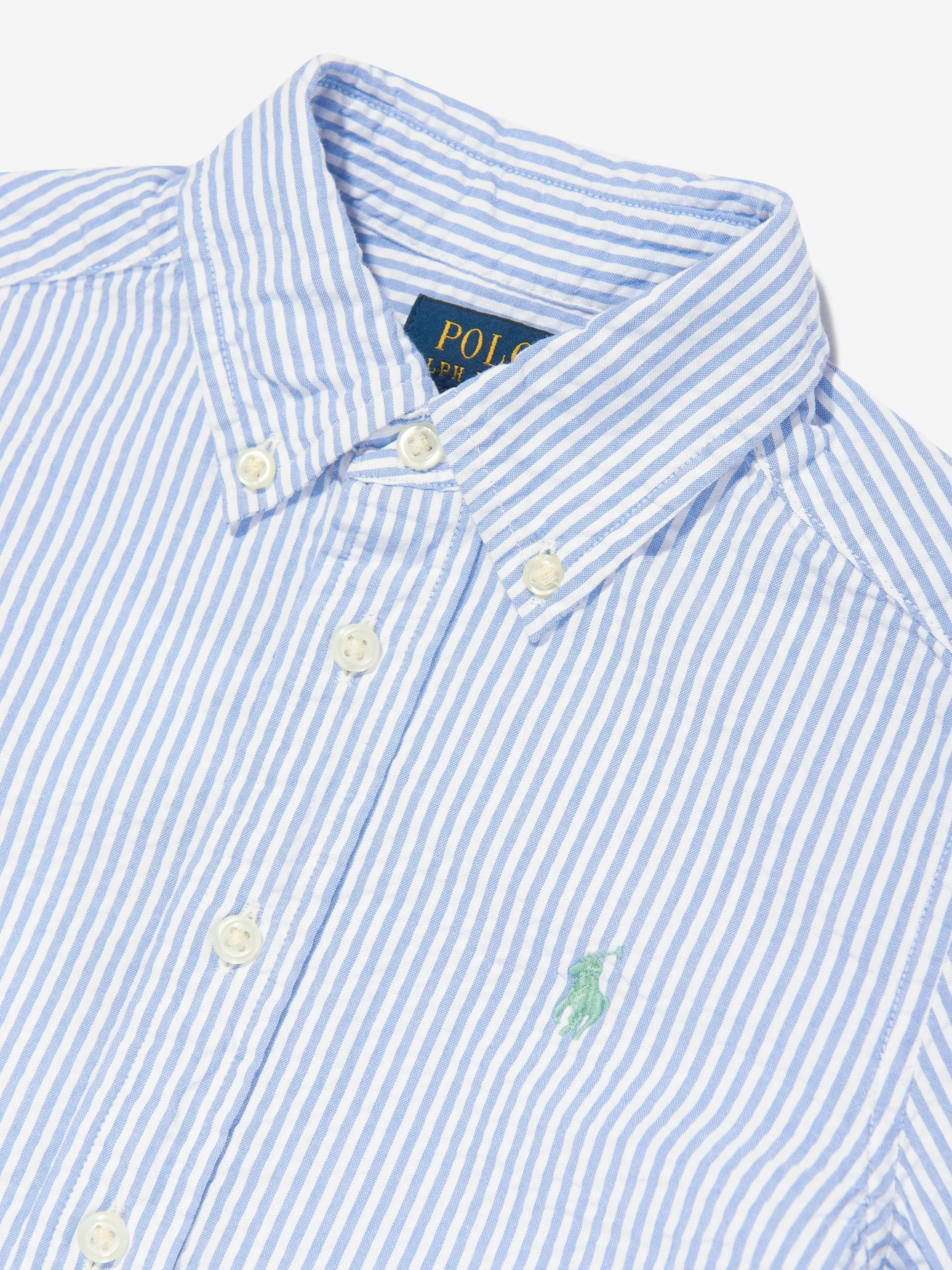 Ralph Lauren Boys Striped Logo Shirt in Blue